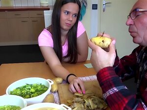 Sweet Cutie Fucking The Old Cook Kitchen Cum Swallowing